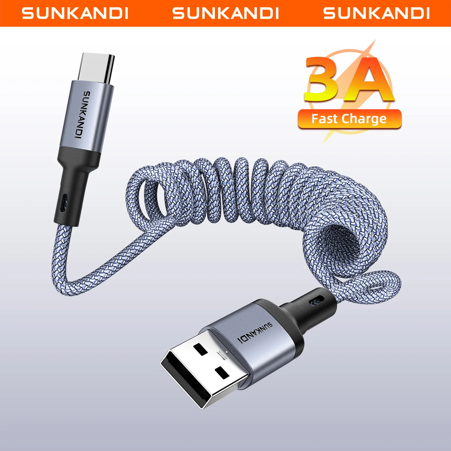 SUNKANDI USB C Car Spring Cord, 3A USB Type C to USB A Cable Charging Car Coiled for Mobile Phones, Laptops, Power Banks, Cars