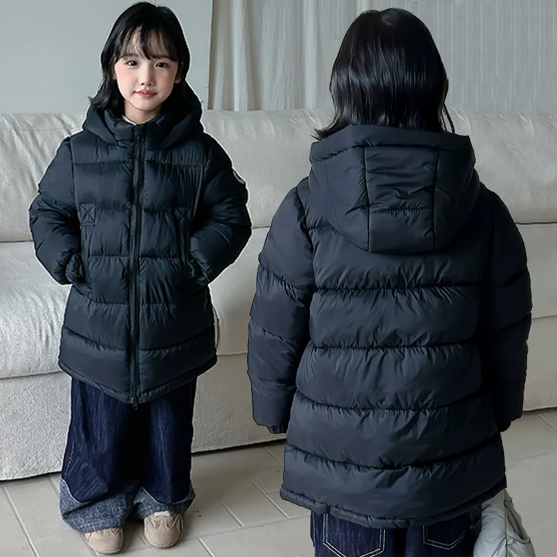 3-12 Years Boys Girls Winter Mid-Length Cotton Coat Kids Hooded Thick Warm Windproof Zipper Jacket Letter Icon Casual Outerwear