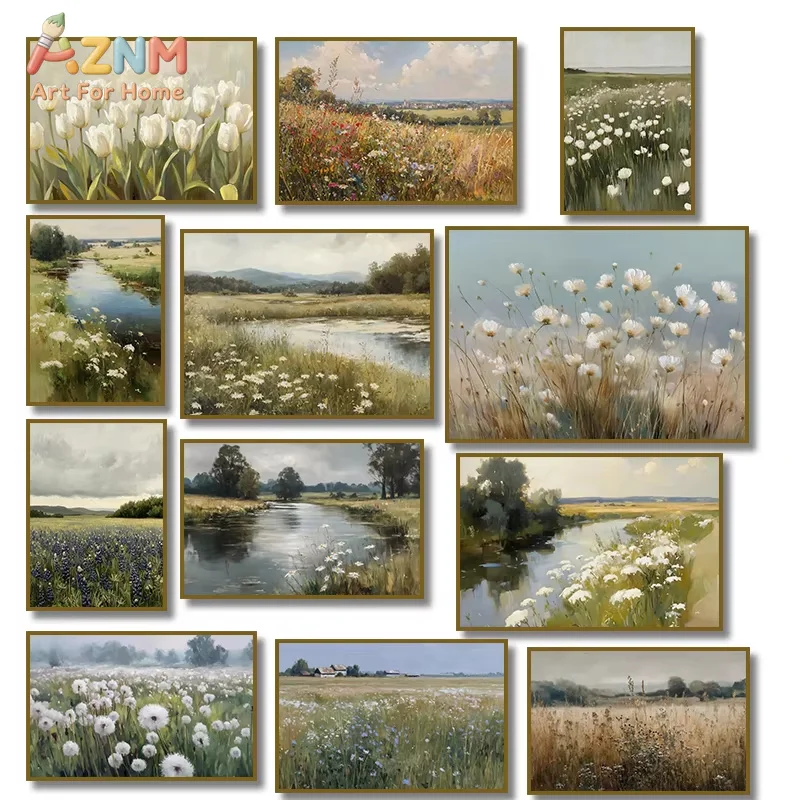 1PC Vintage River Landscape Dandelion White Tulip Wildflower Field Countryside Poster Canvas Painting Print Wall Art Home Decor