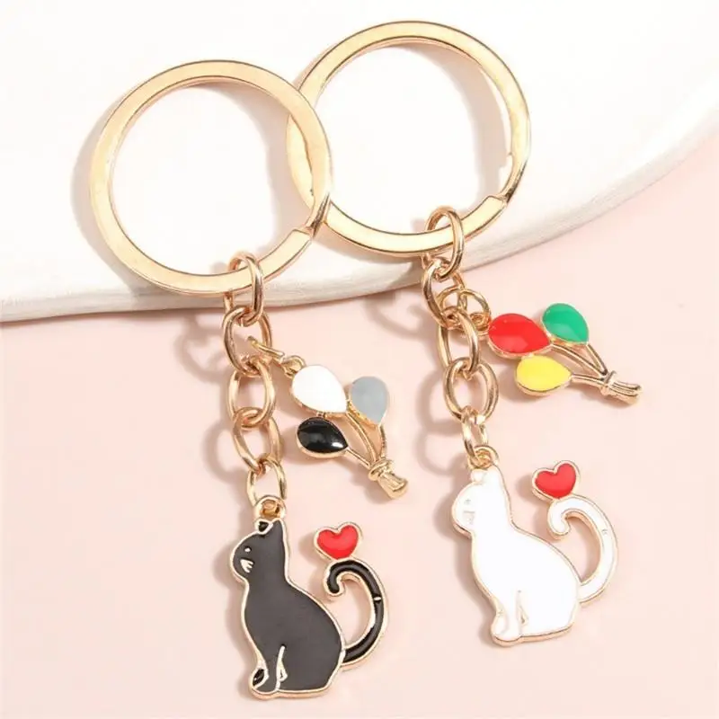 Cartoon Black White Cat Keychain Colorful Balloon Red Heart Keyring for Women Girls Handbag Backpack Pendant Ornaments Gifts