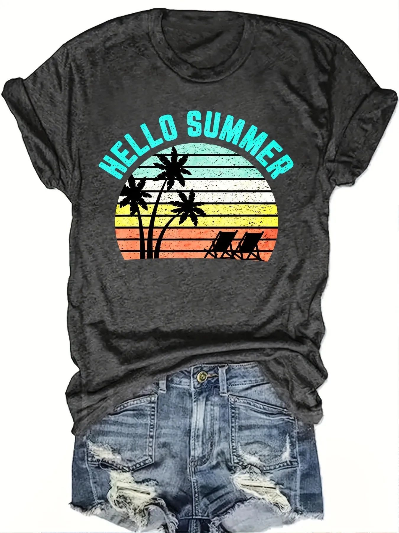 

Plus size women's short sleeve T-shirt Hello Summer Palm Trees Sunset Chairs Daily comfortable and versatile style summer