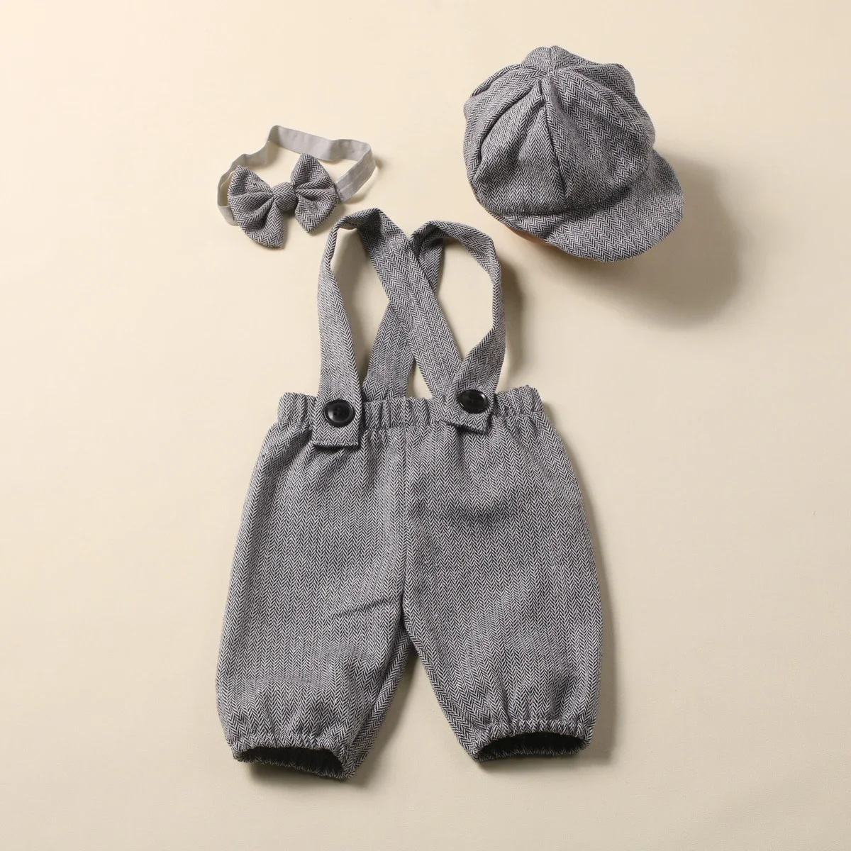 Newborn Photography Props Outfits Baby Boy Little Gentlman Suit Infant Shooting Suspender Overall with Casquette and Bow Tie