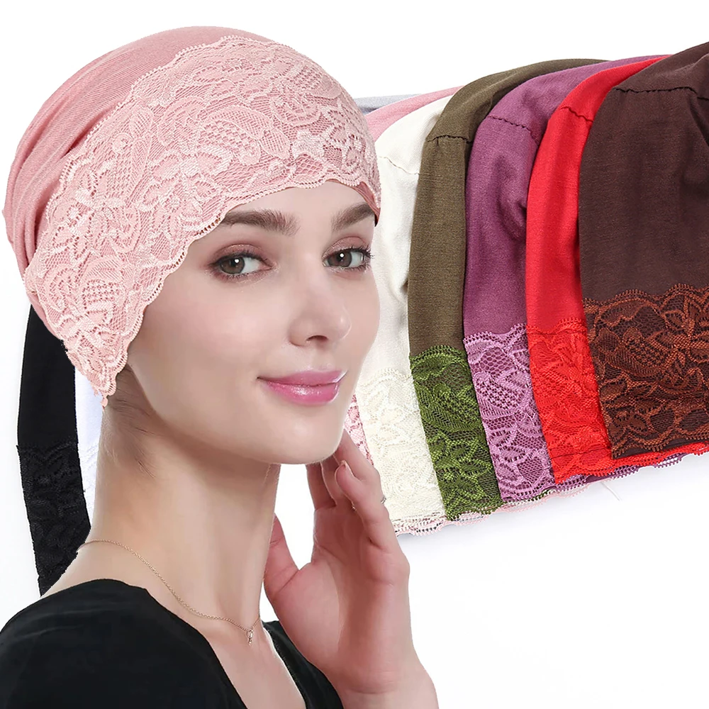 

New Solid Color Cotton Elastic Ninja Cap Lace Headscarf Muslim Women Inner Hijab Hat Cancer Chemo Headwear Turban Turbante Mujer