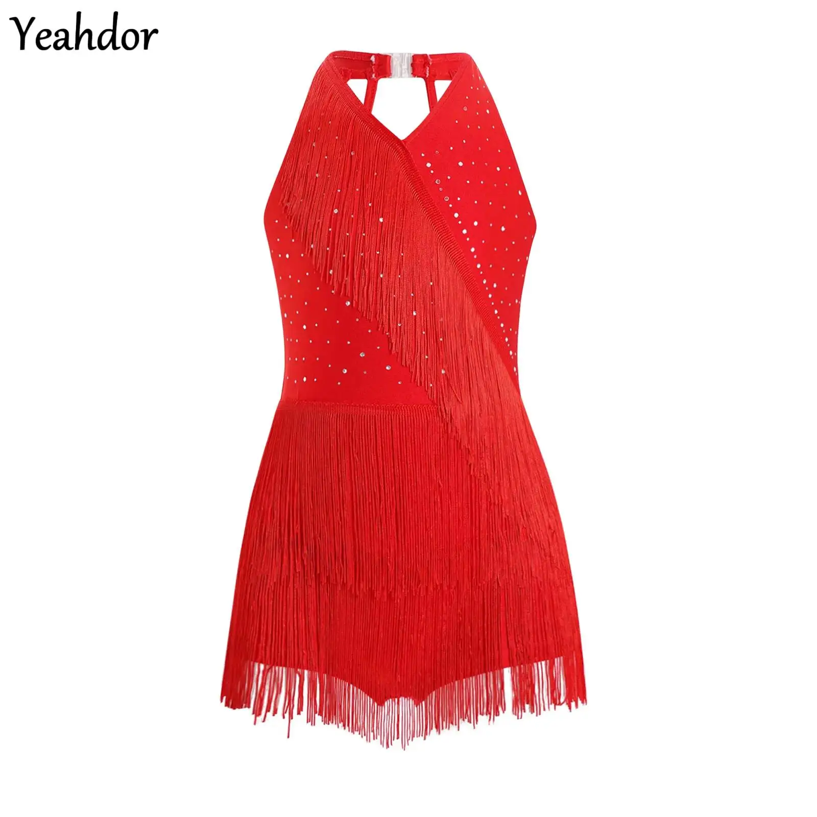 

Kids Girls Rhinestones Latin Dance Leotard Dress Fringe Tassel Cha-cha Samba Salsa Costume Halter Sleeveless Skating Performance