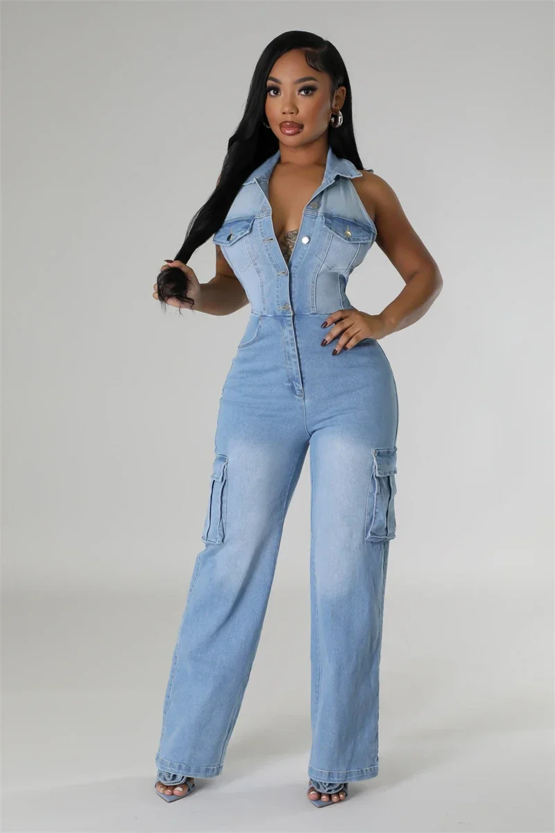 Streetwear Jean Jumpsuit Summer Clothes Women 2025 Sleeveless Backless Halter Denim Rompers Playsuits One Pieces Overalls Outfit