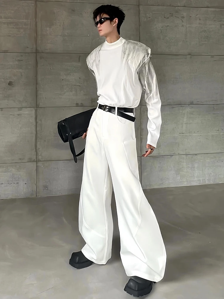 REDDACHIC Vintage Białe Spodnie Garniturowe z Kieszeniami Cargo Męskie Cleanfit Patchwork Luźne Szerokie Nogawki Bootcut Spodnie Robocze Codzienne Ubrania