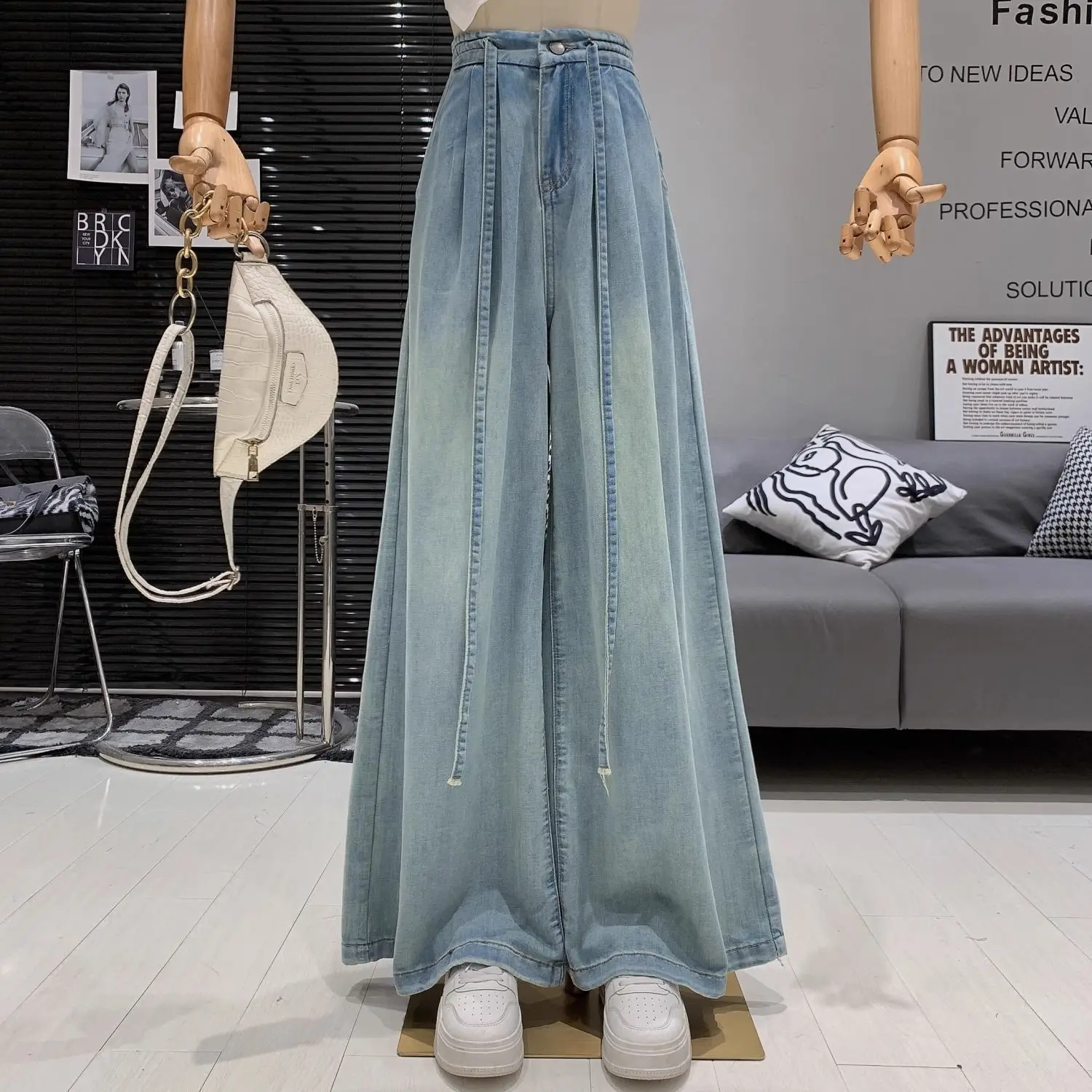 

Women Loose Jeans Wide Legs Pants Autumn New High Waist Drawstring Pants Baggy Jeans