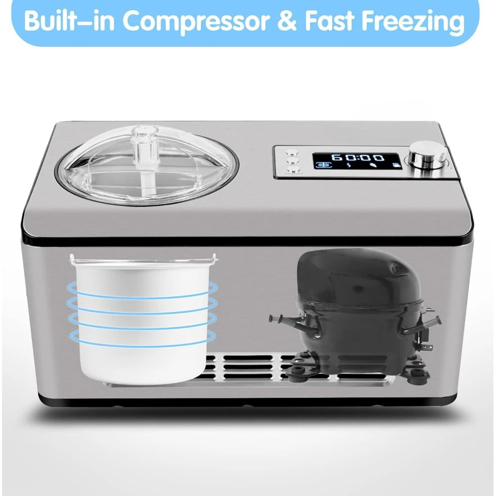 2.2-Quart Ice Cream Maker with Compressor, No Pre-Freezing, Stainless Steel Ice Cream Maker Machine with LCD Display, Timer