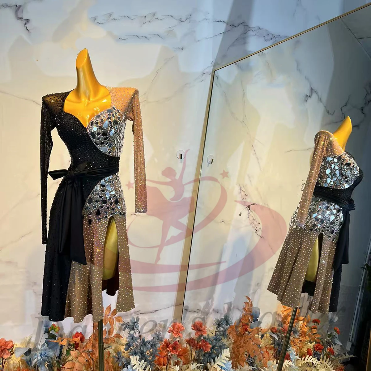 

Latin Dance Costume for Women, Adults, and Children, High-end Customized Two-color Mesh Splicing Samba Performance Dress