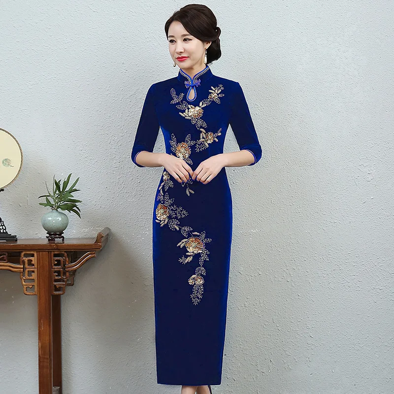 

Yourqipao Velvet Cheongsam Autumn New Style Beaded Catwalk Quality Improved Slim Cheongsam Dress Blue Qipao
