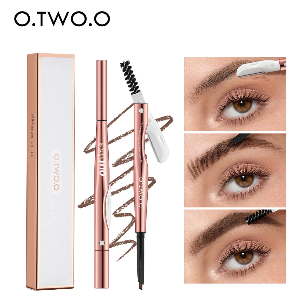 O.TWO.O Eyebrow Pencil 3 in 1 24 Hours Waterproof Long Lasting 4 Colors Brown with Eyebrow Trimmer Cosmetics Makeup Brow Pencil