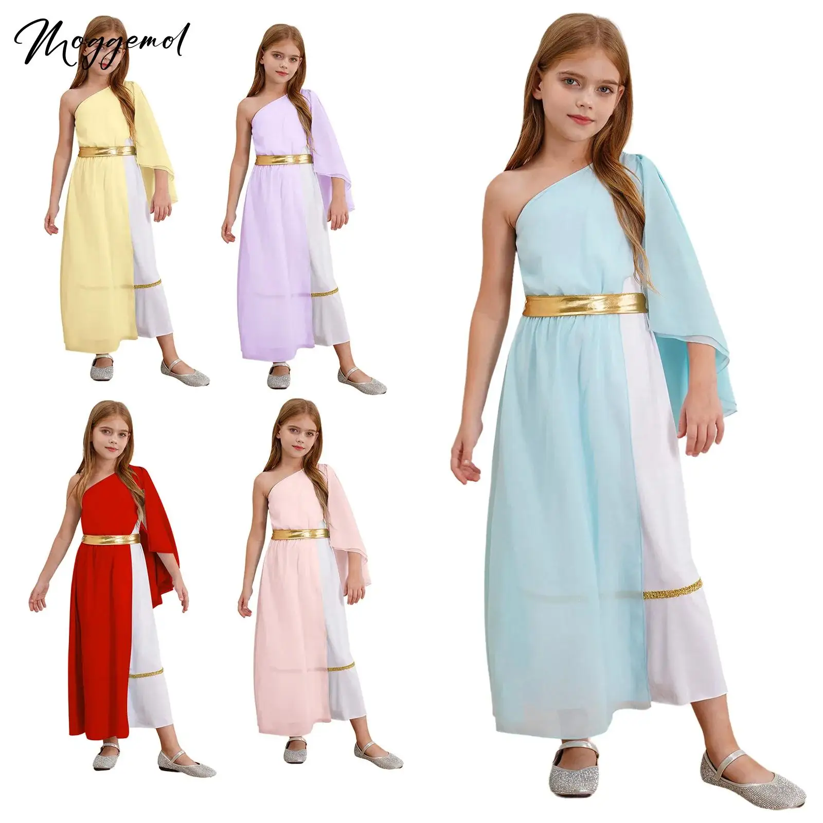 Kids Girls Halloween Ancient Greek Rome Deity Toga Costume Single Shoulder Tulle Shawl Patchwork Flowy Dress Robe with Waistband