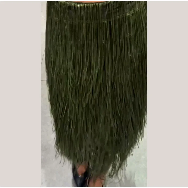 Women's Olive Green Sequin Fringe Midi Skirt Sparkly Tassel Party Skirt for Evening Clubwear 2025 Festival New Sexy Lady Skirts