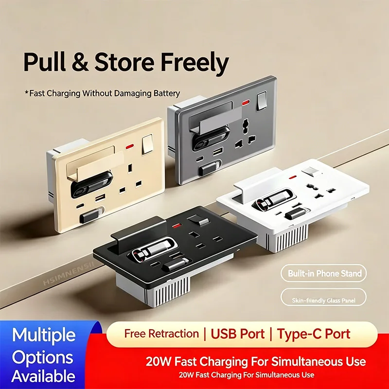 20W PD Fast Charge UK Wall Socket with Built-in Retractable USB-C Cable Universal Power Outlet for Mobile Phone Charging