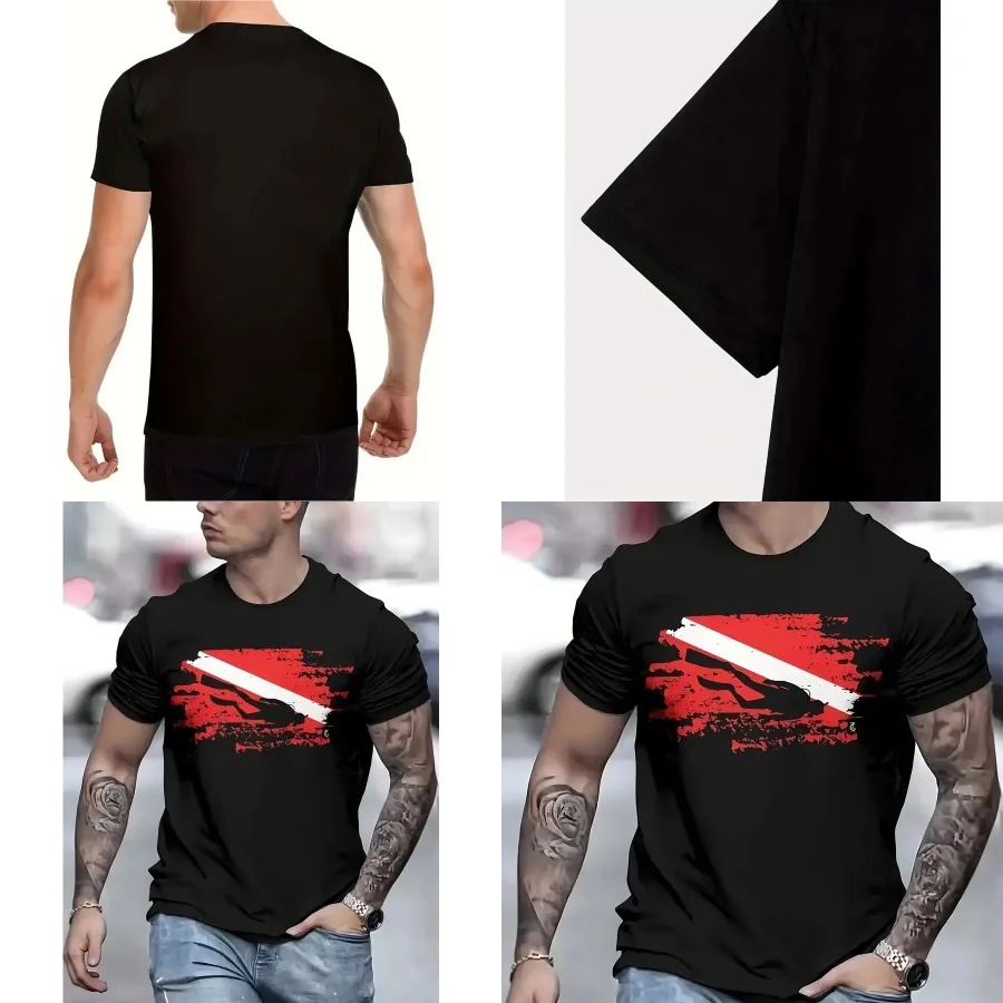 

【Хорошее качество】Мужская черная футболка с 3D-цифровым принтом - дышащая, легкая, с круглым вырезом горловины и стильным дизайном в виде доски для дайвинга.