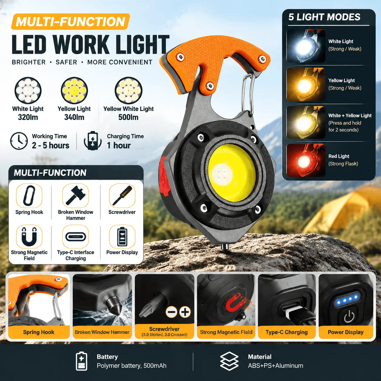 Multifunction USB Rechargeable Keychain Hook Light, COB LED Flashlight with Strong Magnet, Screwdriver and Hammer, Portable Mini Emergency Tool for Outdoor Camping Travel Hiking Car Repair Maintenance Workshop and Daily Lighting
