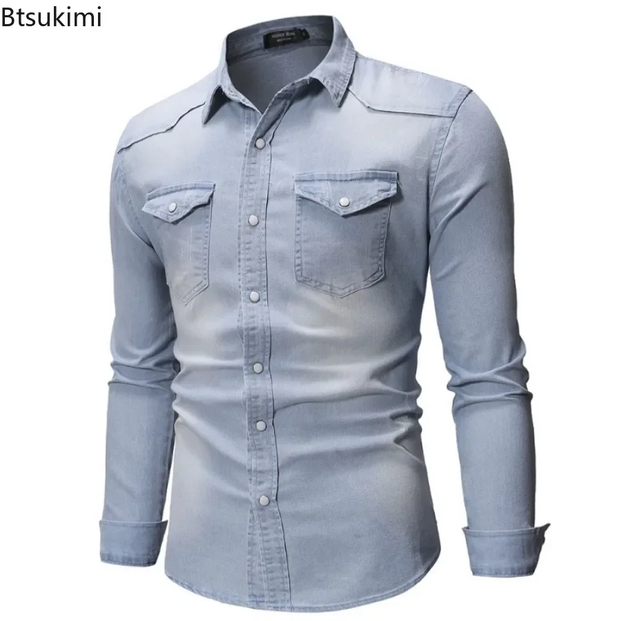 2025 Men's Vintage Denim Shirt Simple Long-sleeved Lapel Slim Casual Shirt Coats Street Cardigan Tops Western Cowboy Shirts Male