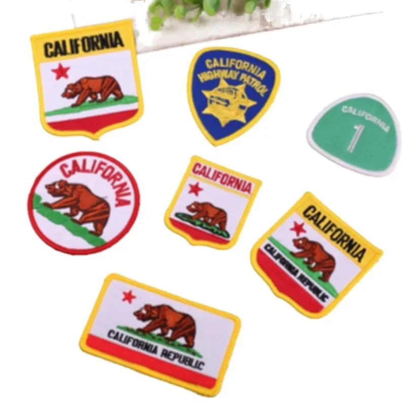 California State Emblem Iron on Patches CA Republic Arm Badges Brown Bear Flag Insignia Highway Patrol Uniform Clothes Appliques