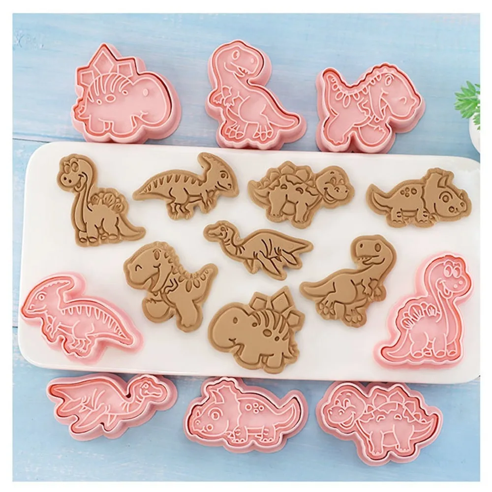 8PCS PP Dinosaur Cookie Cutter 3D Embossed Details Plunger Press Design Cookie Cutter Set Easy to Use Reusable and Durable