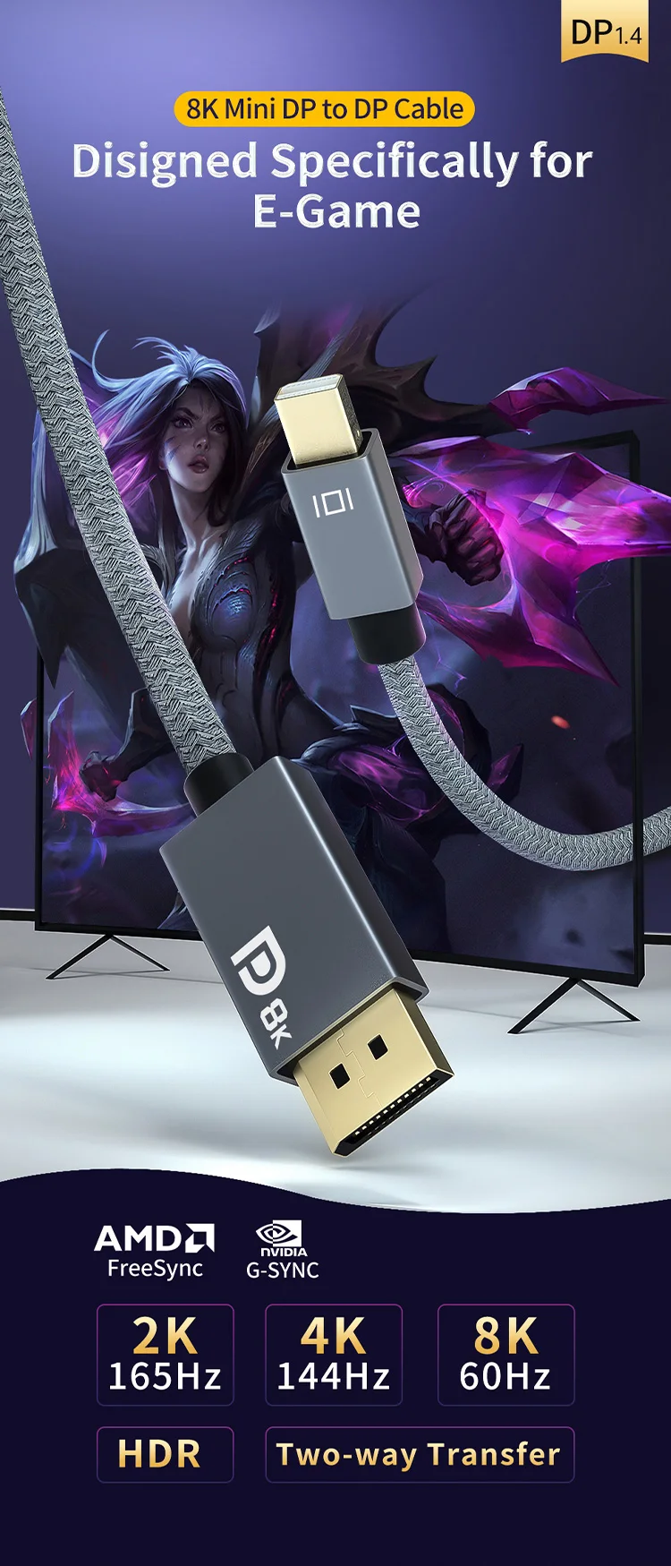 8K Mini DP zu DP Kabel 3m, bidirektional 4K240Hz Mini DisplayPort zu DisplayPort Kabel kompatibel mit Thunderbolt 2 für Laptops – Detail 1