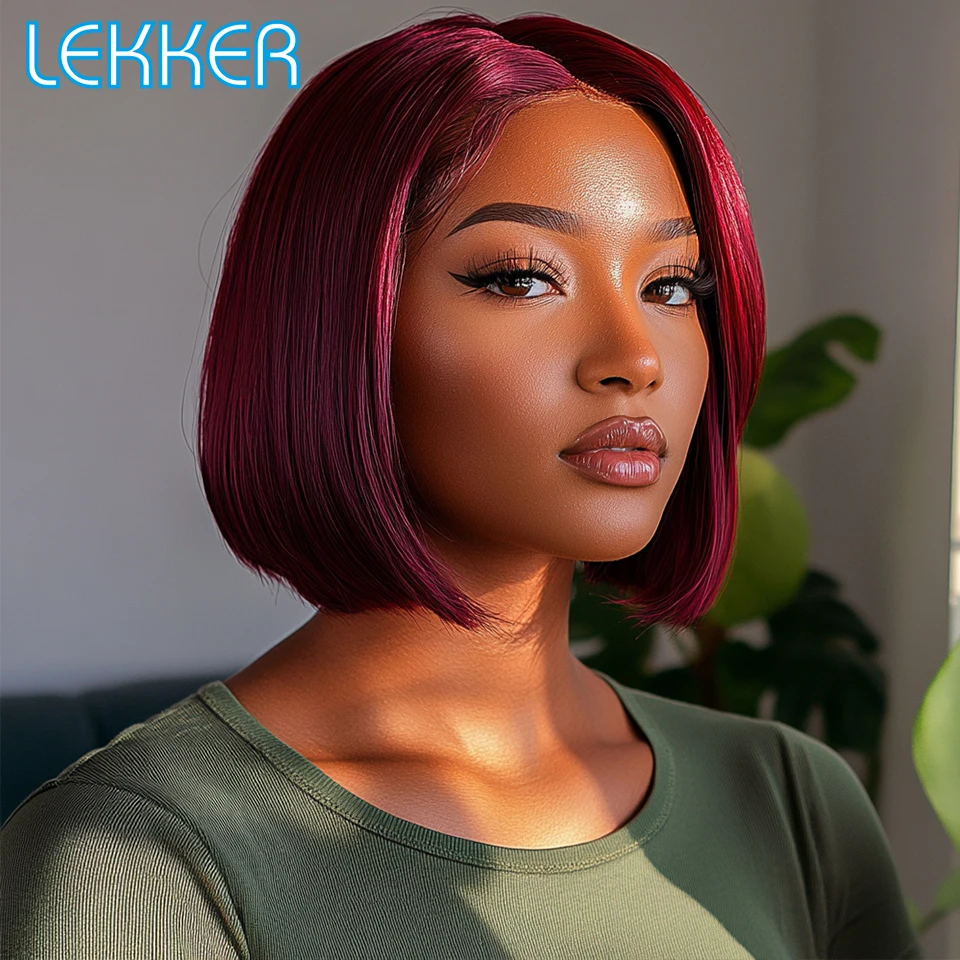 

Lekker 99j Burg Red Short Straight Bob Side Part Lace 100% Human Hair Wigs For Women Glueless Brazilian Remy Hair Colored Wigs