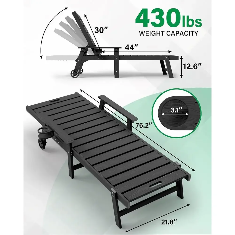 Outdoor 2-Piece Lounge Set with Adjustable Backrest, Cup Holders, and Wheels, Suitable for Patio, Beach, or Deck, All-Weather Re