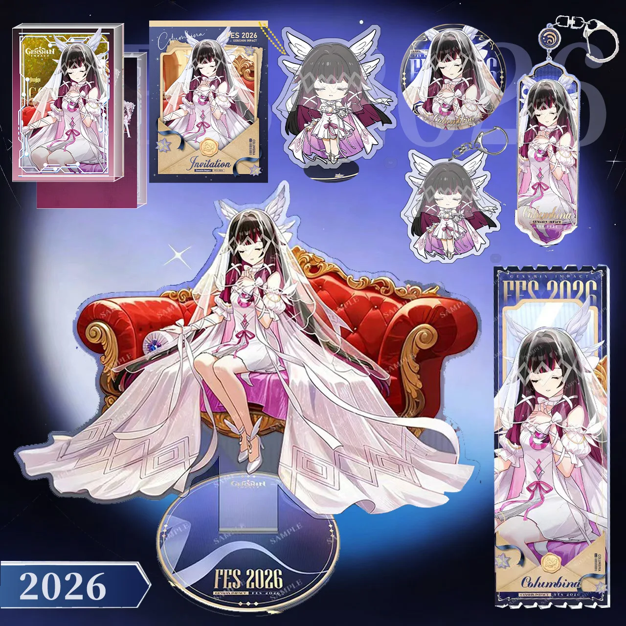 Genshin Impact Girl 2026 FES Girl Character Peripheral 8pcs Set Double Flash Badge 16CM Large Acrylic Standee Keychain