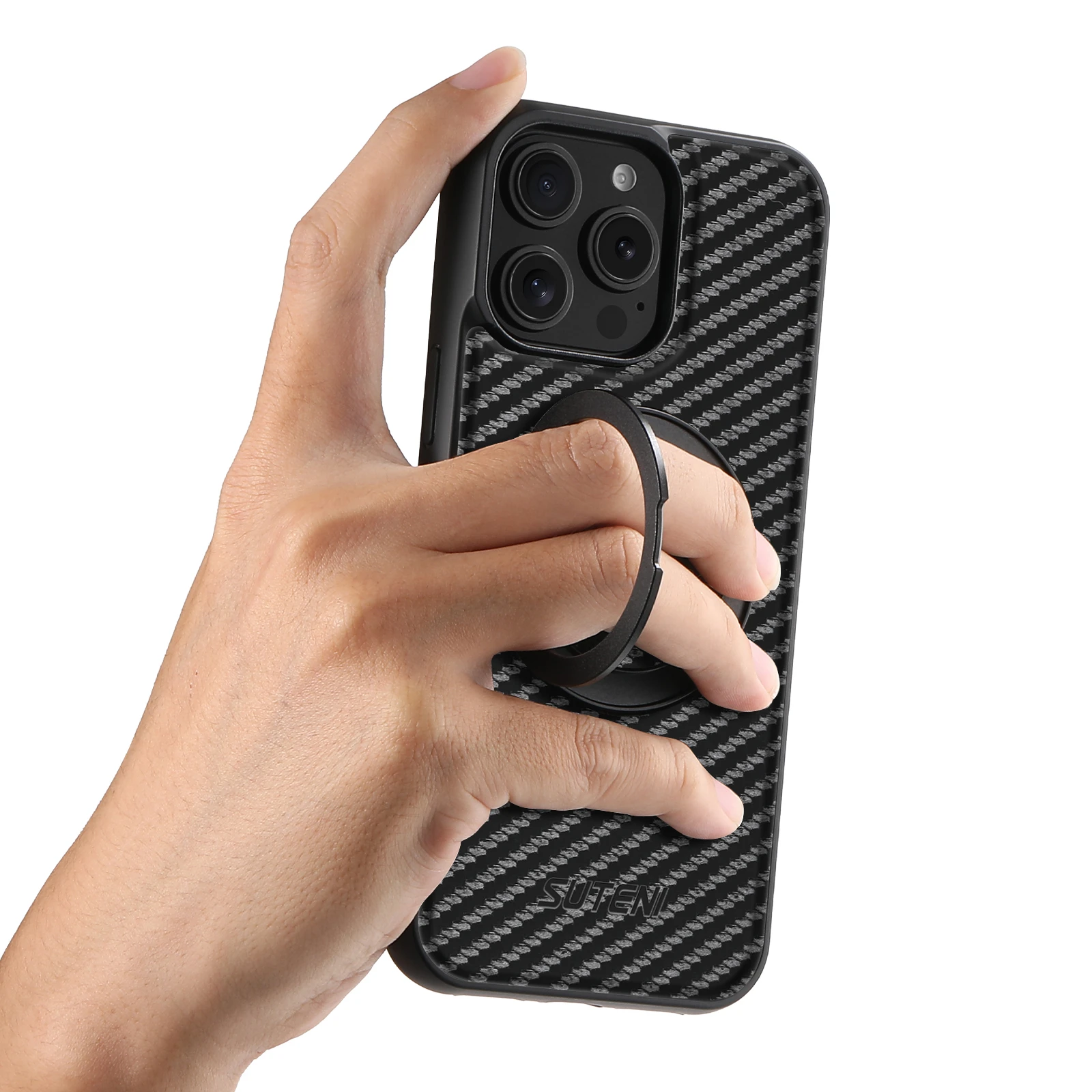 SUTENI Magnet Kabellose Ladehülle für Mobiltelefone 360 ° Drehbarer Ständer mit Kunstleder-Ringschnalle für iPhone 18 Pro Max 17 16 Plus – Detail 12