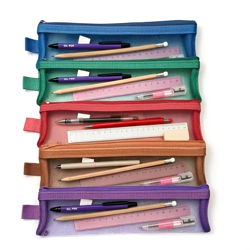 5pcs Set Transparent Mesh Pencil Cases, Small Double-Layer Mesh Design, Alternative Stationery Pouch with Portable Zipper