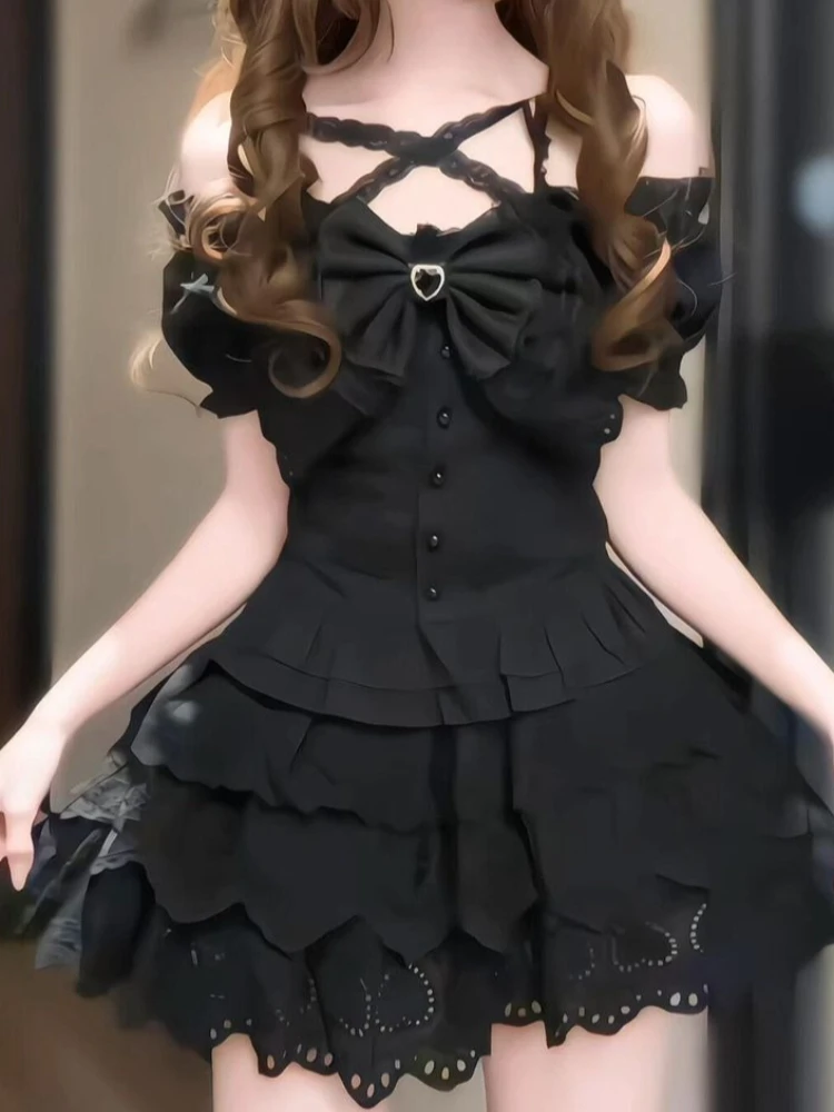 Japanese Retro Bow Slim Puff Sleeve T-Shirts + High-waist Lace Cake Skirt Suit Summer New Dark Academic Style 2-piece Set Women image 6