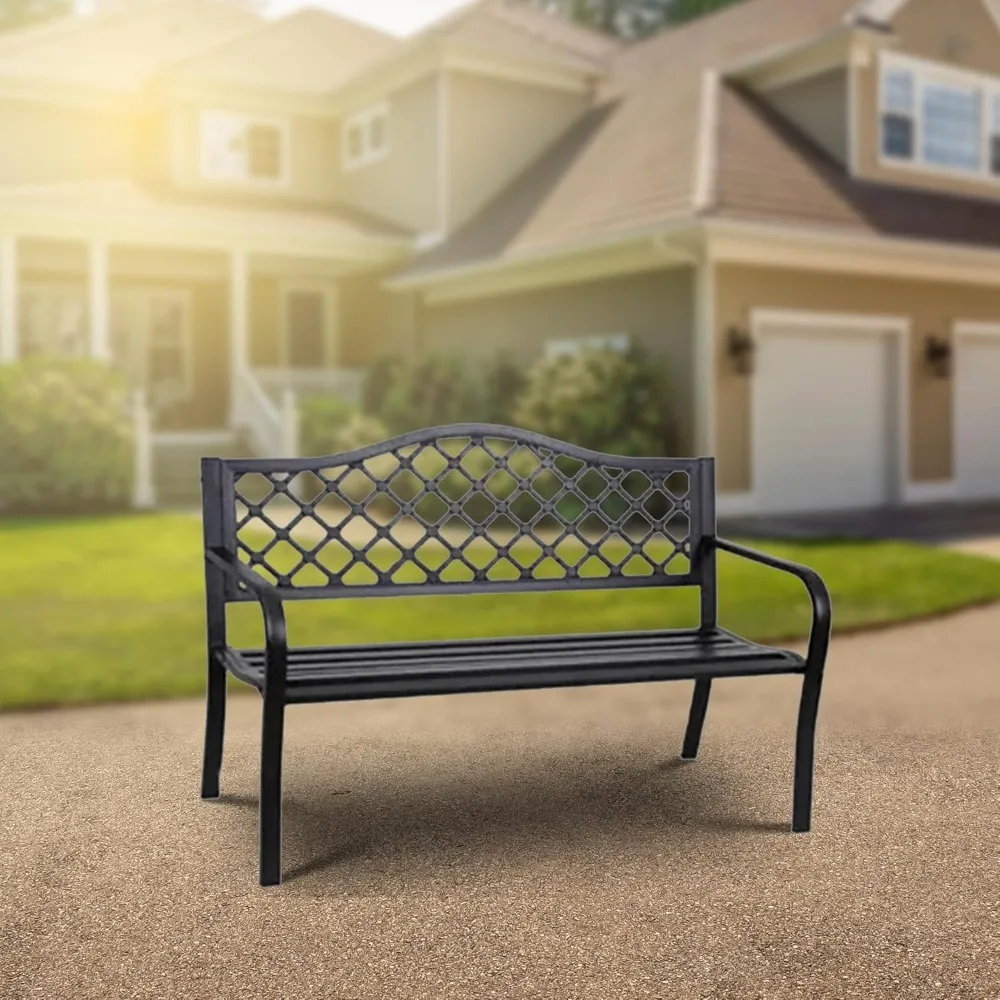 

Outdoor Park Bench Backyard Garden, Front Porch, or Walking Path Furniture Seating with Powder Coated Steel Frame, Black