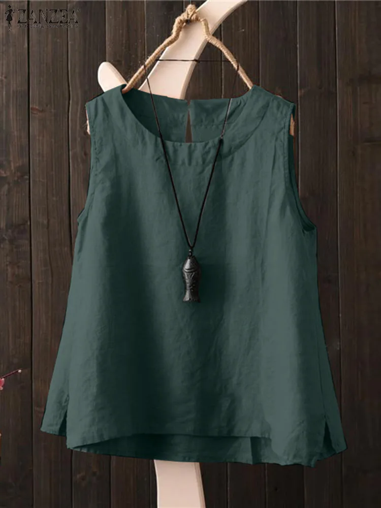 ZANZEA Summer O Neck Sleeveless Tanks Tops Women Vintage Blouse Fashion Solid Casual Shirt Female Loose Cotton Blusas Chemise