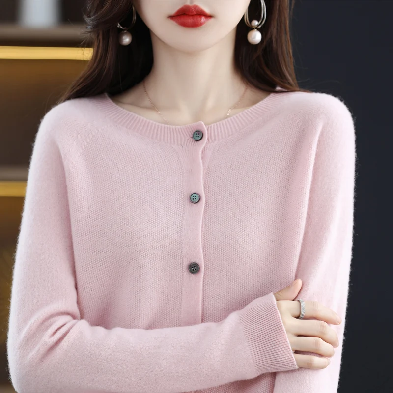 Autumn And Winter New 100% Australian Pure Wool First-Line Ready-To-Wear Women\'s Round Neck Sweater Cardigan All-Match Coat 019