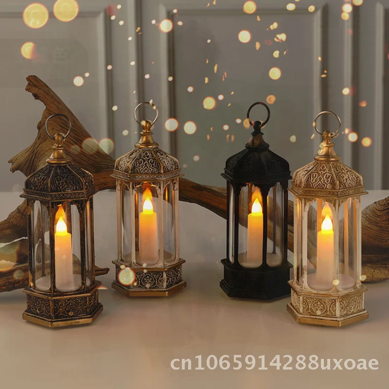 Vintage Luminous Hexagon Electronic Candle Wind Lamp Bronze Black Desktop Decoration Halloween Oil Lamp Scene Layout