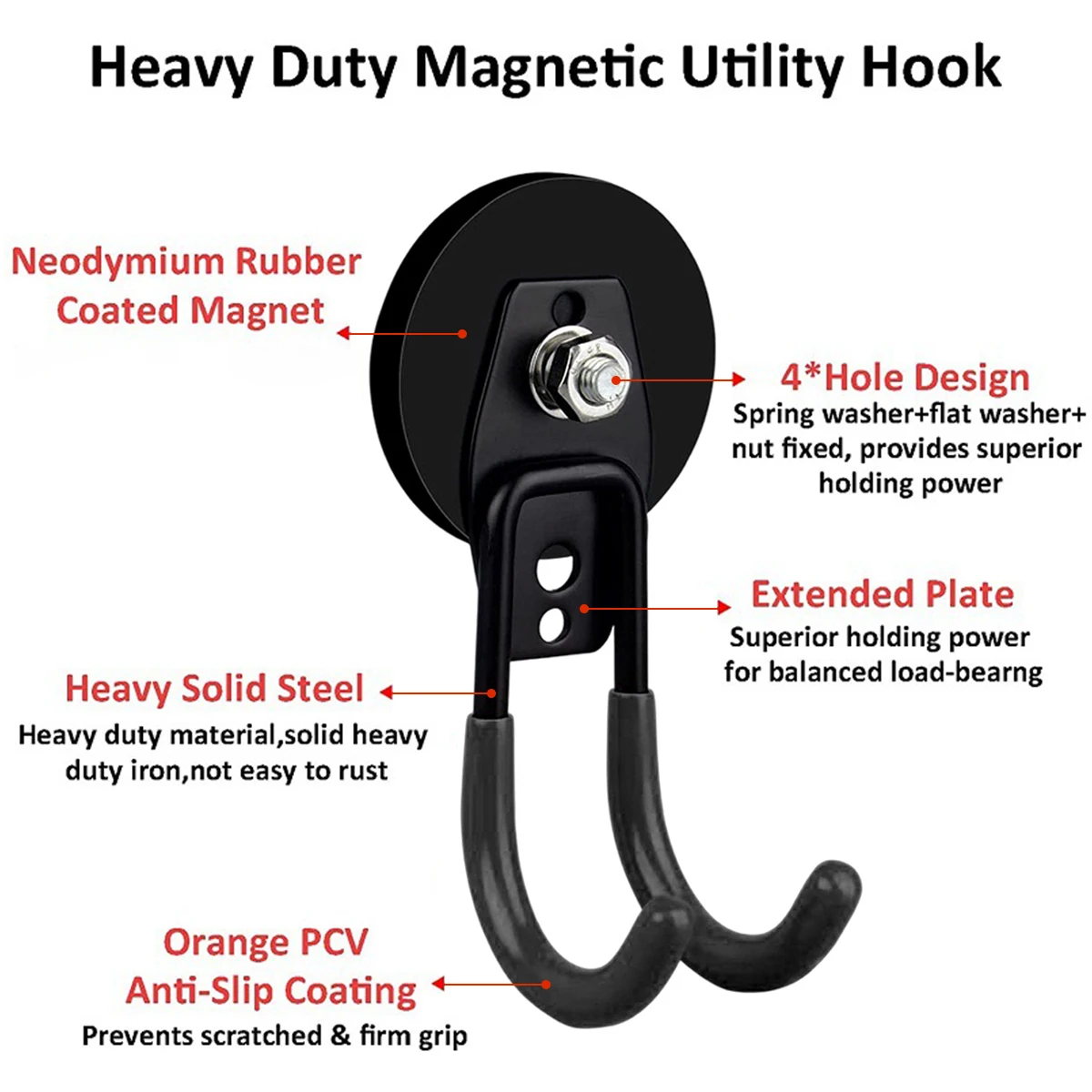 2Pcs Heavy Duty Magnetic Garage Hooks Hangers with Anti-Slide Coating Strong Magnets Metal Hooks Utility Magnetic Organiza Tool