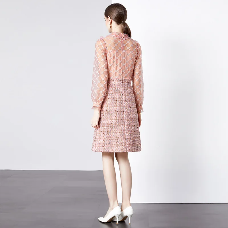 2025 Spring Celebrity Lace Mesh Flower Embroidery Ruffles Stitching Tweed Long Sleeve Diamonds Buttons Woolen Mini Dresses