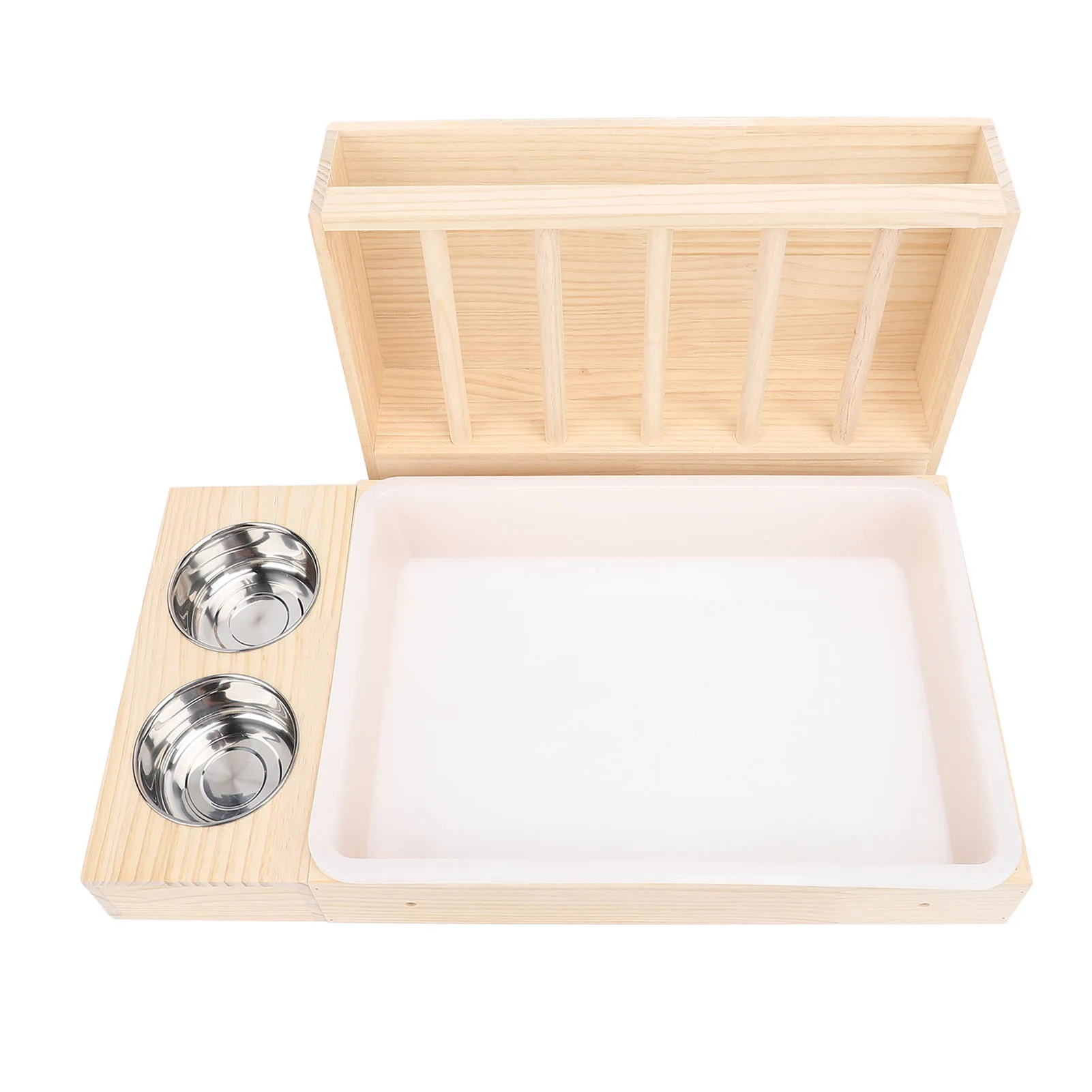 

Rabbit Hay Feeder with Litter Box 2 Stainless Steel Bowls Wooden Bunny Feeding Manger for Chinchillas Hamster Small Animals