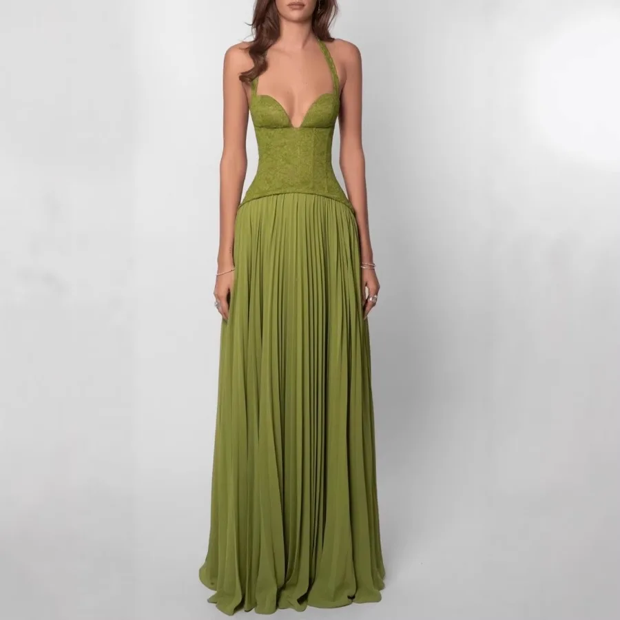 

【Новый стиль】Европейская и американская женская одежда: сексуальное элегантное длинное платье с воротником-шарфом, на бретелях, с открытой спиной, платье-труба.