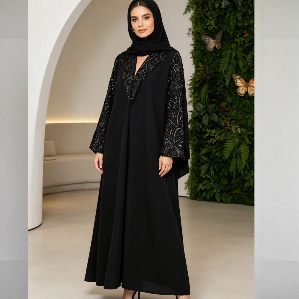 Muslim Dresses Women Suit Abayas Headscarf Sequins Jalabiya Ramadan Morocco Dubai Kaftan Islam Party Vestidos Arab Long Robe view 2