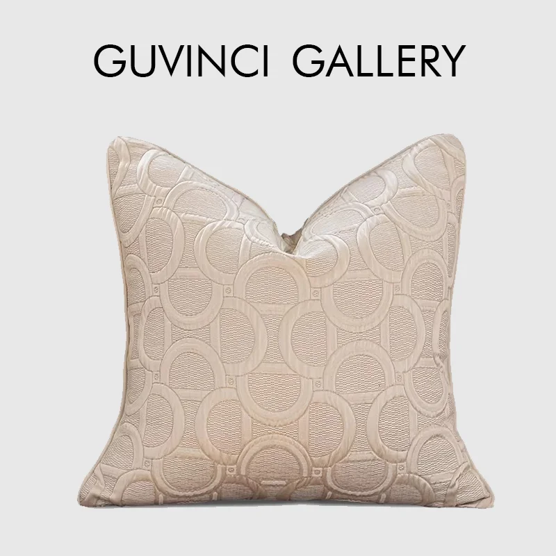 GUVINCI Modern Retro Handmade Decorative Cushion Case Creamy Beige Geometric Cut Velvet Pillow Cover Alabaster Velvet Eurosham