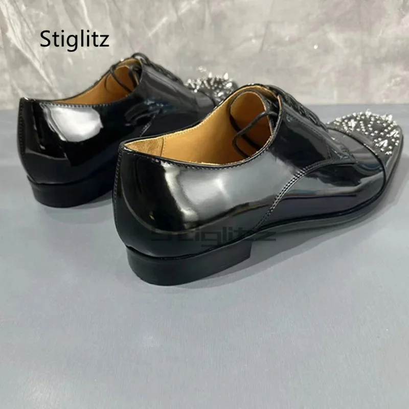 Sapato Oxford de couro masculino com strass prateado rebite Oxford, sapatos artesanais de luxo, sapatos elegantes de escritório com cordões, estilo designer