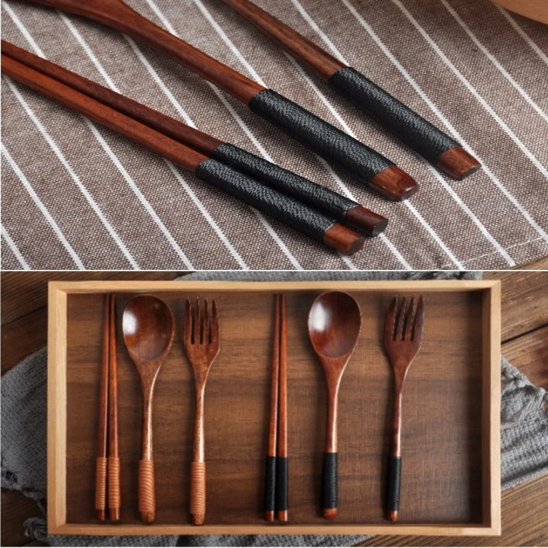 Wooden Tableware Fork Spoon Chopsticks 3-piece Set Korean Natural Solid Wood Long Handle Table Fork Spoon Portable Tableware