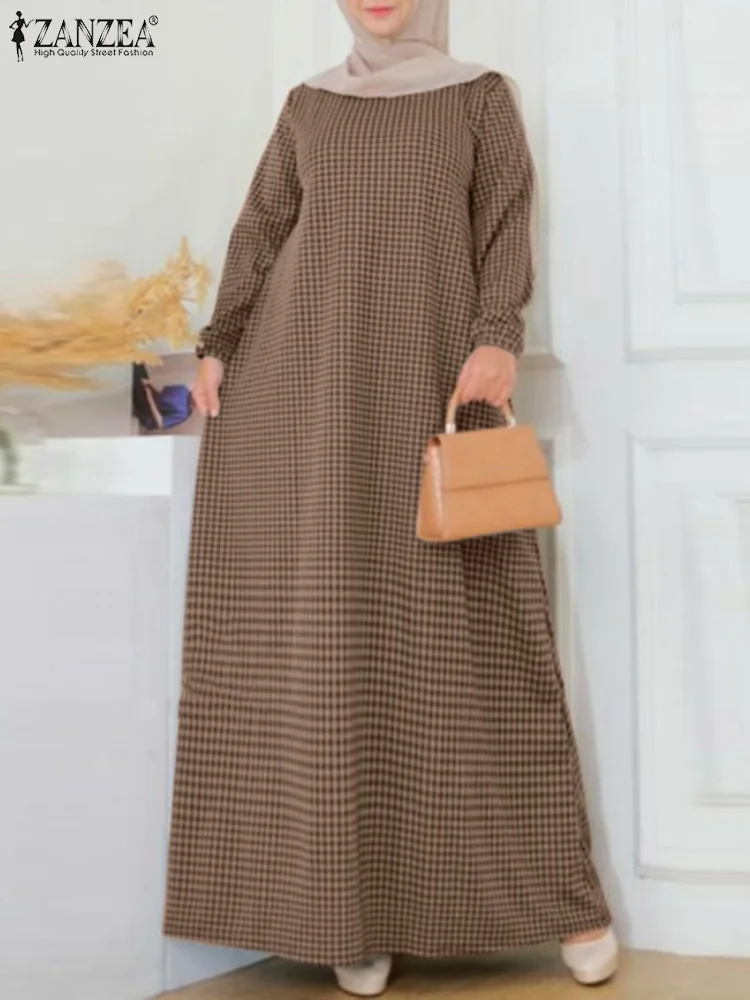 

ZANZEA Women Vintage Long Sleeve Plaid Checked Muslim Abaya Dress Spring Maxi Sundress Robe Femme Casual Holiday Vestido Kaftan