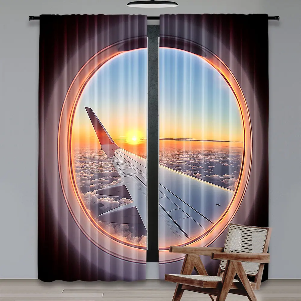 2Pcs Aesthetic Airplane Curtain Airplane Travel Time Is Sunset Distant Holiday Journey Modern Simplistic Drapes A