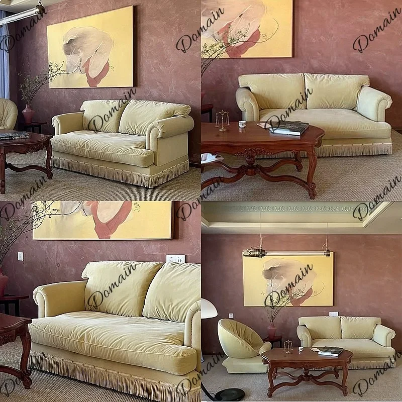 81 N French cloud straight row fabric velvet double sofa yellow and white down can be dismantled and washed package feeling