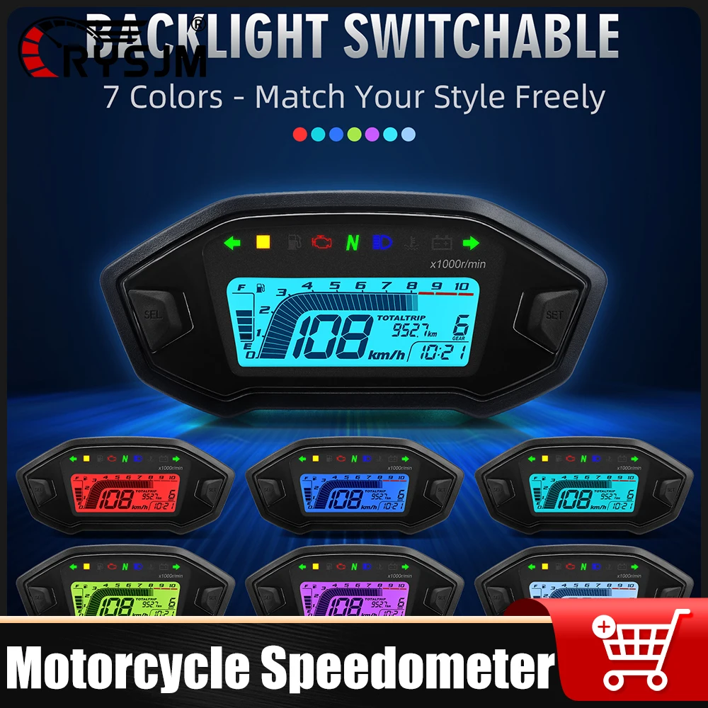 

RYSJM Motorcycle 7 Colors Backlight Speedometer Tachometer Turn Signal Light Indicator With Fuel Alarm Water Temp Alarm Display