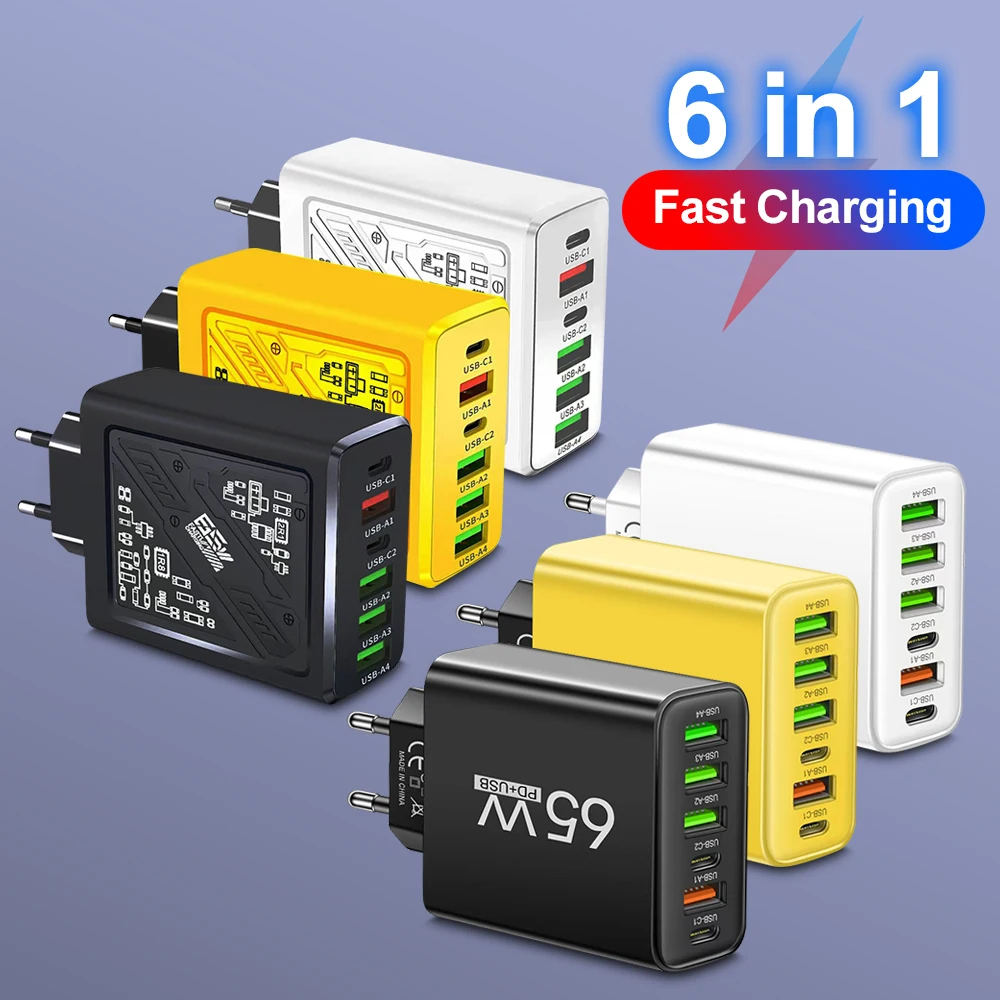 6 in 1 4 USB 2 Type C 3.1A Charging Fast Wall Charger For iPhone Samsung Xiaomi Huawei Oppo Mobile Phone Adapter