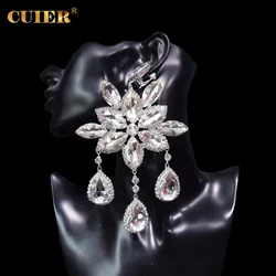 CUIER Huge Size Earring for Women Glass Clear Dangle Clip on Earrings for Drag Queen Wedding Perform Accessories