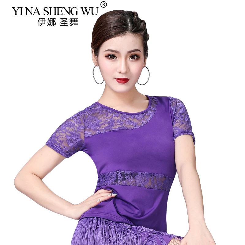 새로운 여성 라틴 댄스 레이스 탑 반팔 연습복 1Pc 스퀘어 댄스 현대 국가 표준 댄스 연습 의류