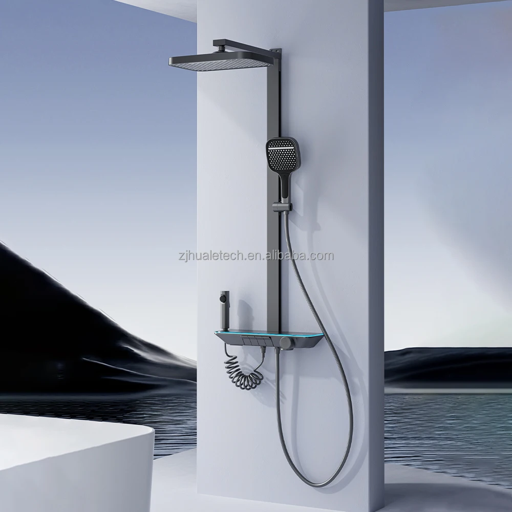 Columna de Ducha Moderna Termostática HL555F7 con Diseño de Teclas de Piano, Cromada y Pulida, con Cabezales de Ducha Multifunción